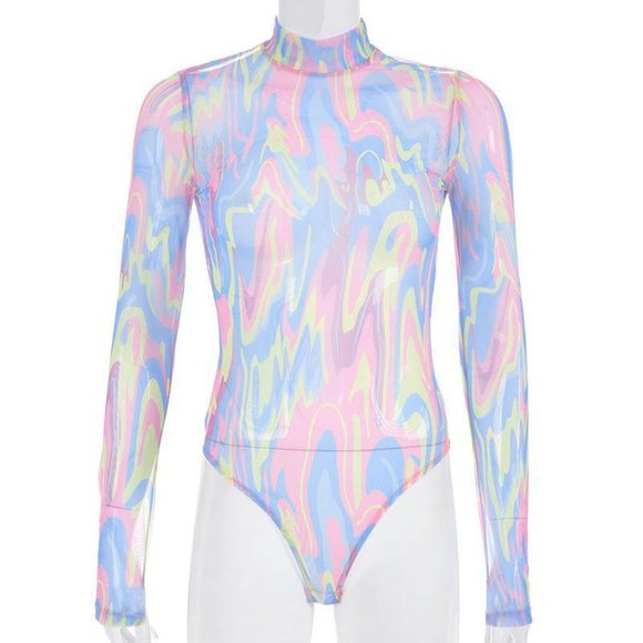 Pink blue yellow swirl all over print long sleeve mock neck bodysuit top - Picture 5 of 5